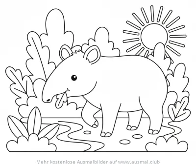 Tapir Ausmalbild im Dschungel mit Sonne