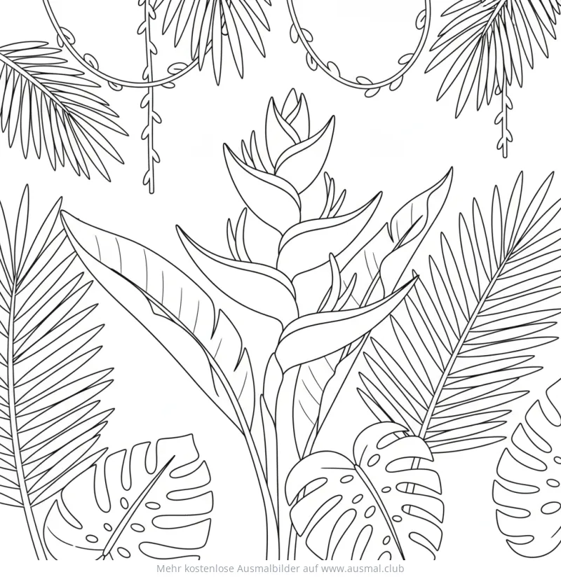 Heliconia Blüte Ausmalbild im Regenwald mit Blättern