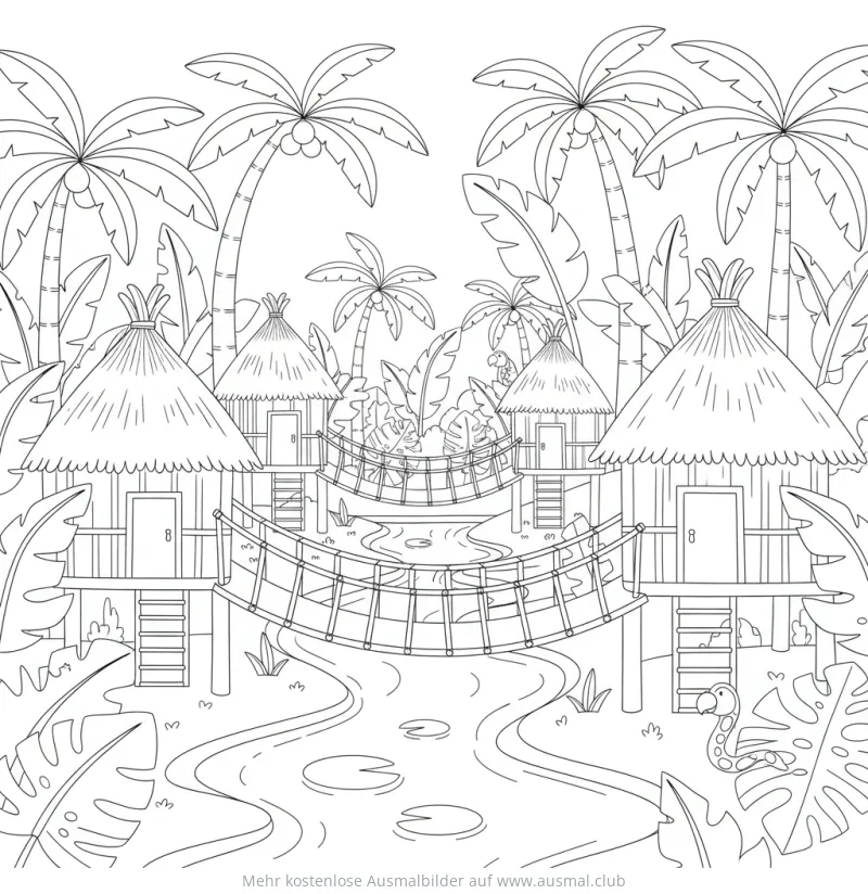 Dschungeldorf mit Hängebrücken im Regenwald Ausmalbild