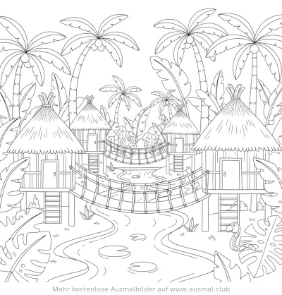 Dschungeldorf mit Hängebrücken im Regenwald Ausmalbild