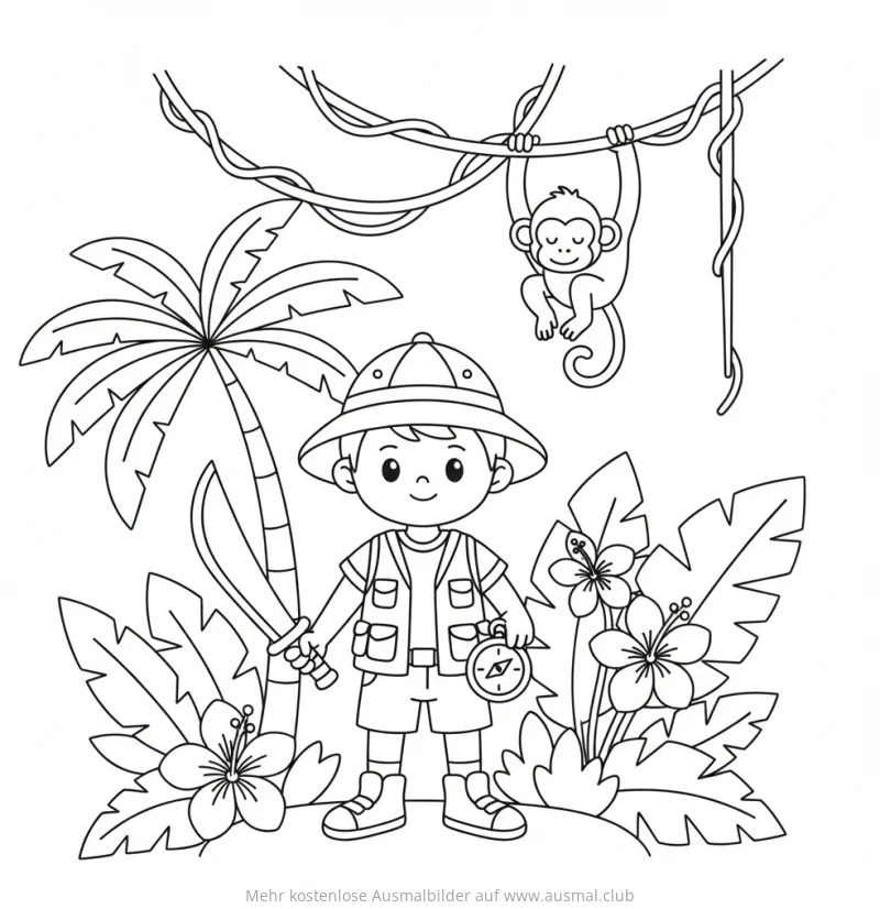 Dschungel Experte mit Affe und Dschungel-Pflanzen Ausmalbild