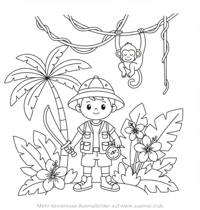 Dschungel Experte mit Affe und Dschungel-Pflanzen Ausmalbild