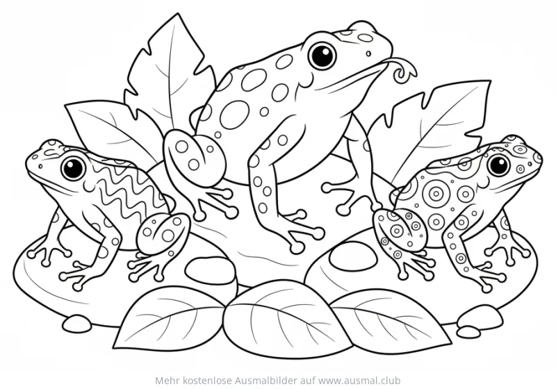 Drei Pfeilgiftfrösche mit Blättern Ausmalbild