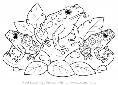 Drei Pfeilgiftfrösche mit Blättern Ausmalbild