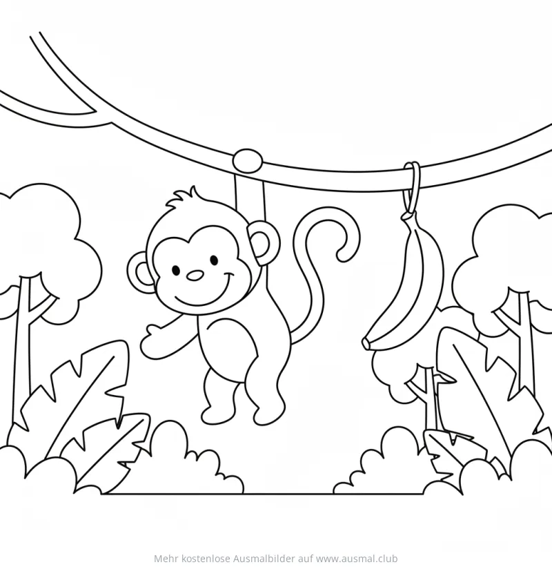Affe schwingt an Liane mit Banane Ausmalbild