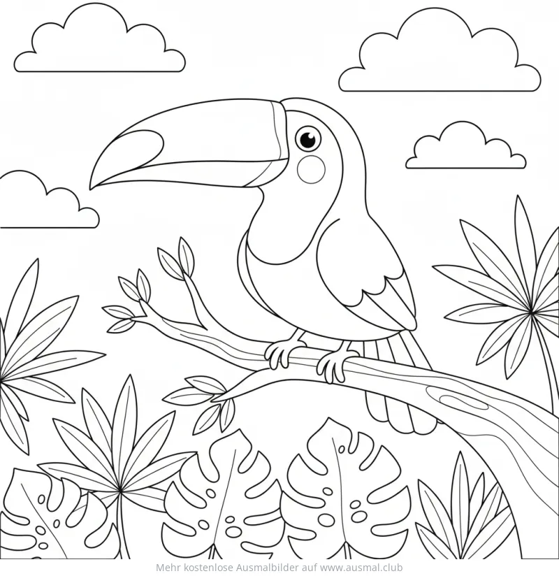 Tukan auf Ast im Dschungel Ausmalbild