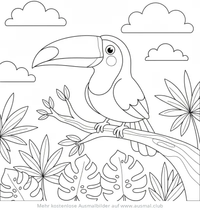 Tukan auf Ast im Dschungel Ausmalbild