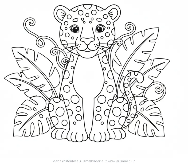 Jaguar Ausmalbild mit tropischen Blättern