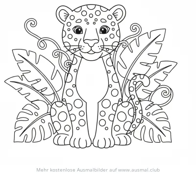 Jaguar Ausmalbild mit tropischen Blättern