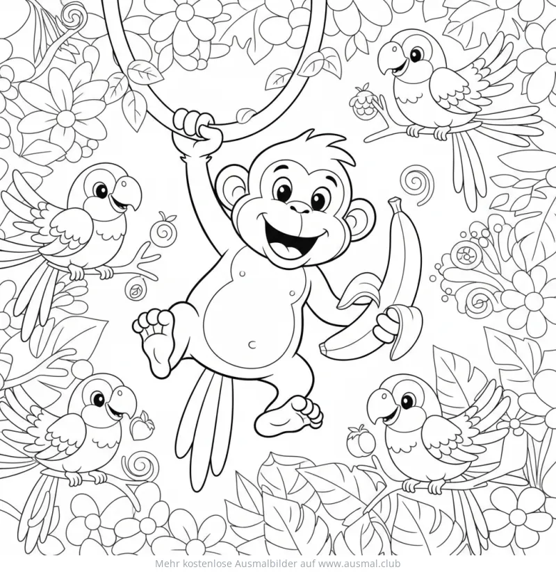 Affe schwingt an Liane mit Banane, Papageien im Dschungel Ausmalbild
