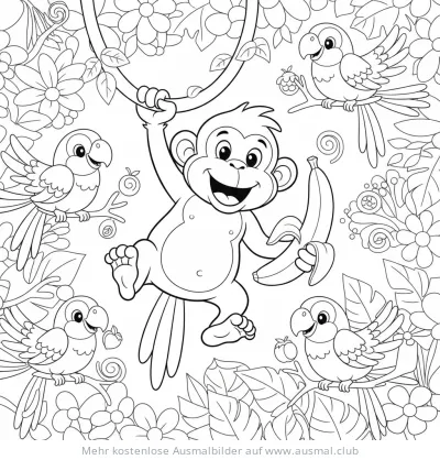 Affe schwingt an Liane mit Banane, Papageien im Dschungel Ausmalbild