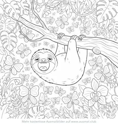 Faultier hängt an Ast, umgeben von Schmetterlingen Ausmalbild