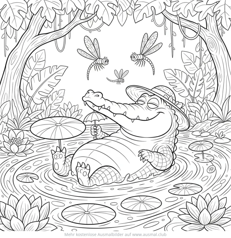 Krokodil mit Hut und Sonnenschirm im Dschungel Ausmalbild
