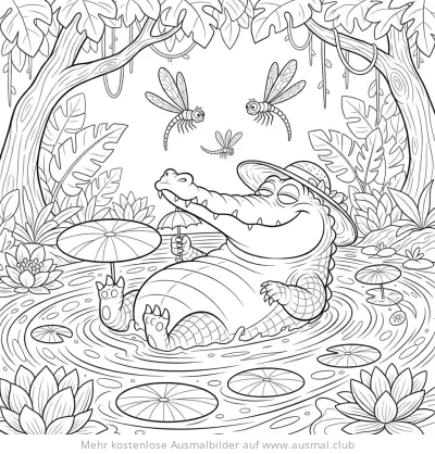 Krokodil mit Hut und Sonnenschirm im Dschungel Ausmalbild
