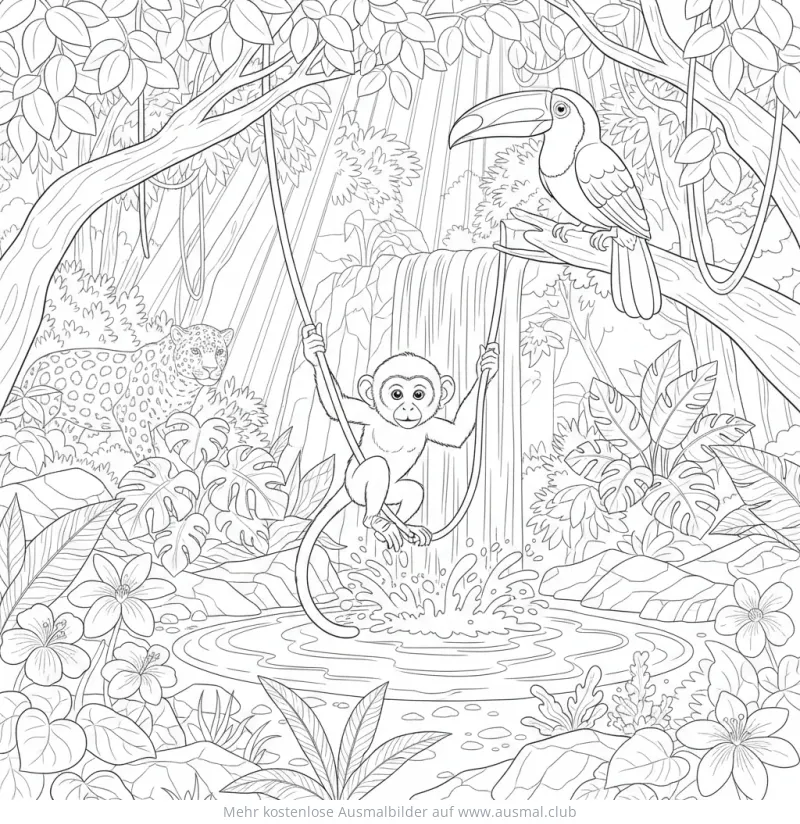 Affe schwingt an Liane über See, Tukan und Leopard im Hintergrund Ausmalbild
