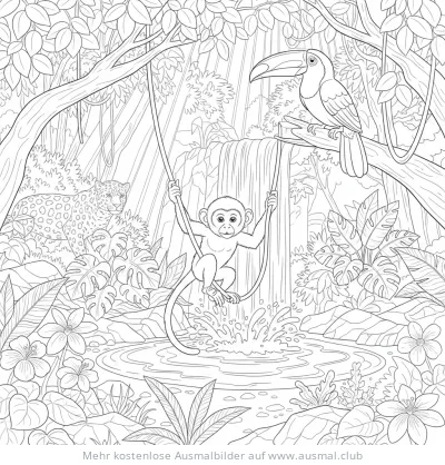 Affe schwingt an Liane über See, Tukan und Leopard im Hintergrund Ausmalbild