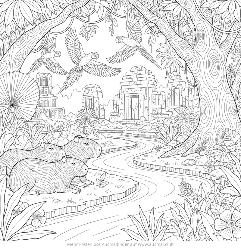 Regenwald Ausmalbild mit Fluss, Wasserschweinen und Papageien