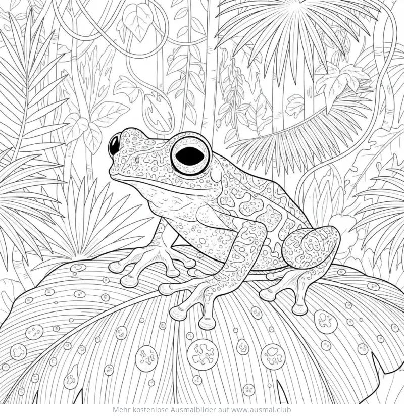 Frosch Ausmalbild auf Blatt im Regenwald