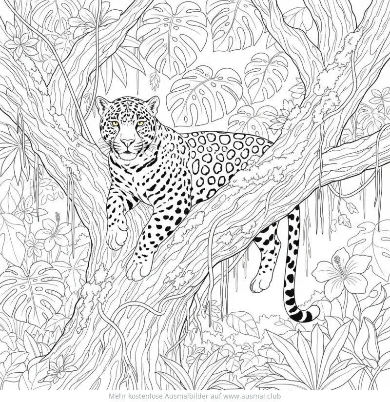 Jaguar liegt auf Ast im Dschungel Ausmalbild