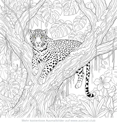 Jaguar liegt auf Ast im Dschungel Ausmalbild