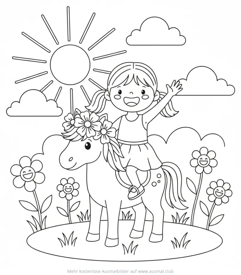 Mädchen reitet auf Pony mit Blumenkranz Ausmalbild
