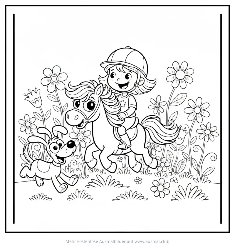 Mädchen reitet auf Pony, Hund läuft mit, Ausmalbild