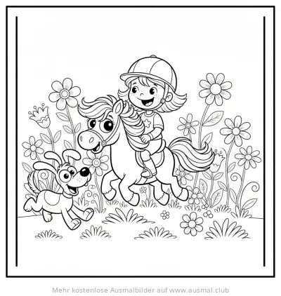 Mädchen reitet auf Pony, Hund läuft mit, Ausmalbild