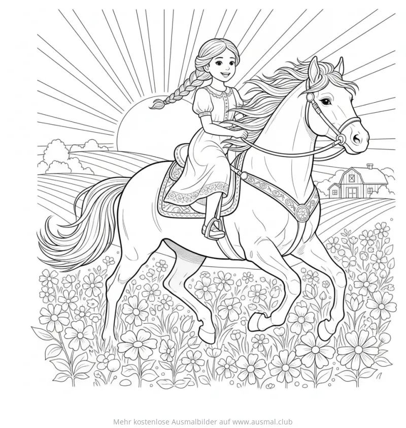 Mädchen reitet auf Pferd durch Blumenwiese Ausmalbild