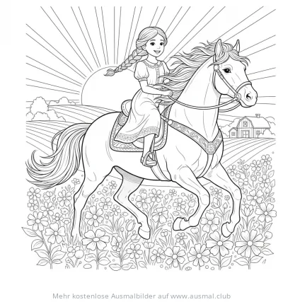 Mädchen reitet auf Pferd durch Blumenwiese Ausmalbild