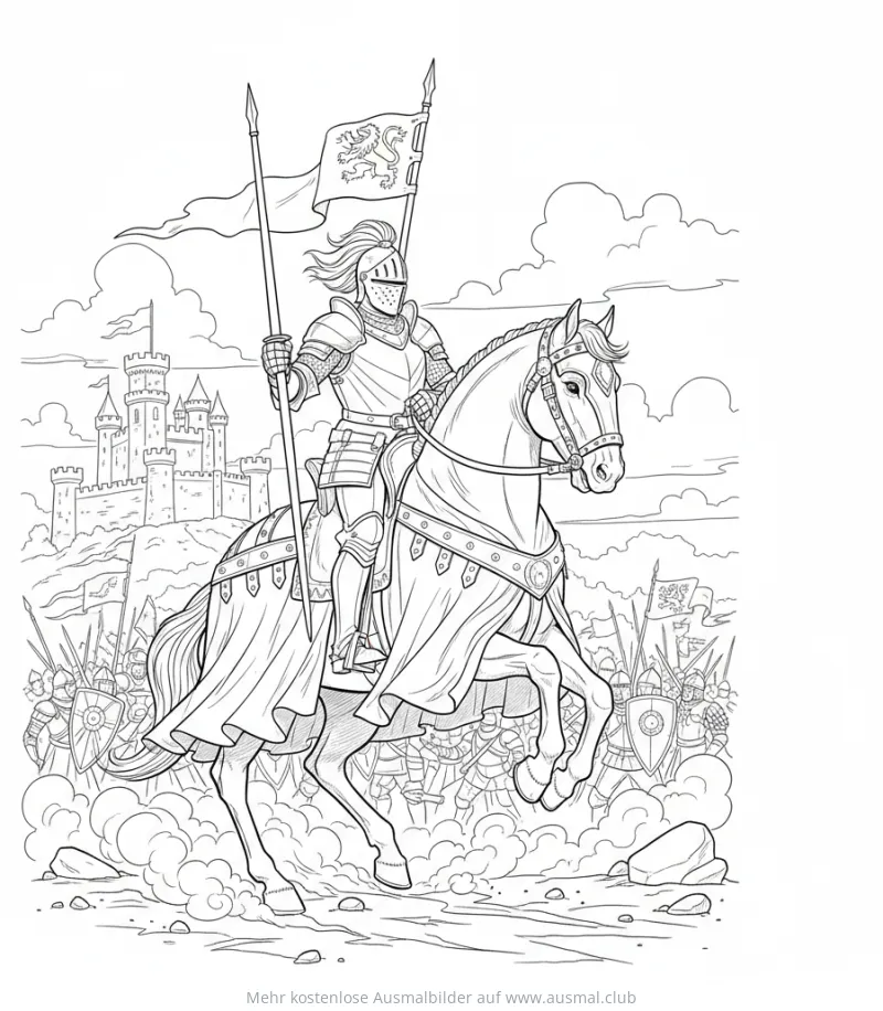 Ritter auf Pferd vor Burg und Schlacht Ausmalbild