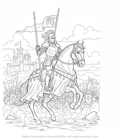 Ritter auf Pferd vor Burg und Schlacht Ausmalbild
