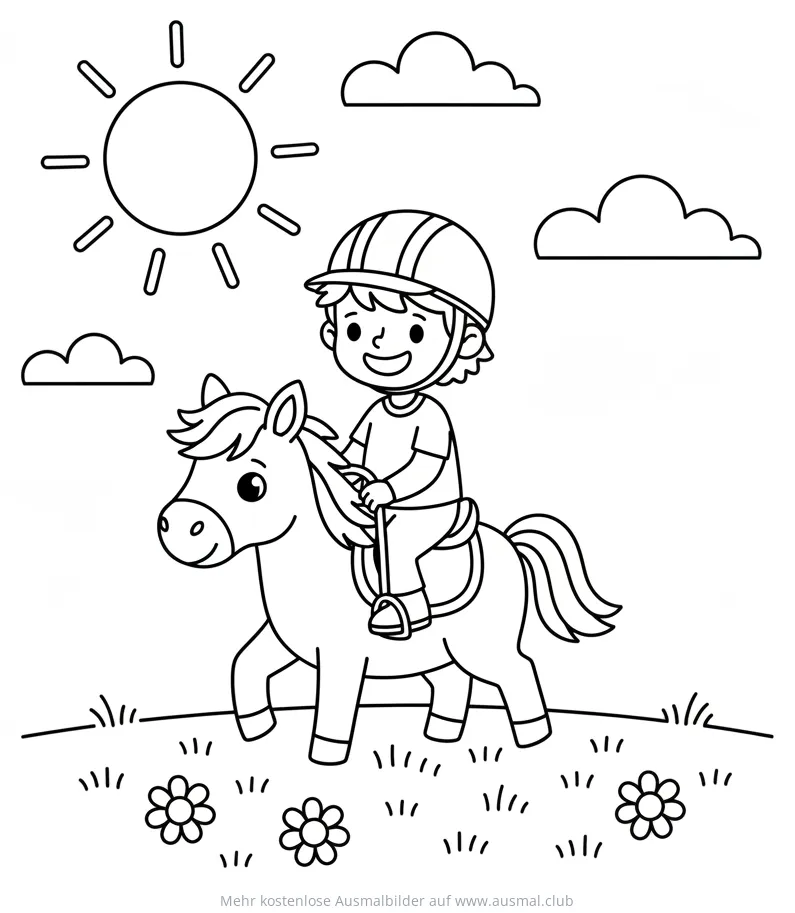 Junge mit Reithelm auf Pony Ausmalbild