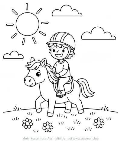 Junge mit Reithelm auf Pony Ausmalbild