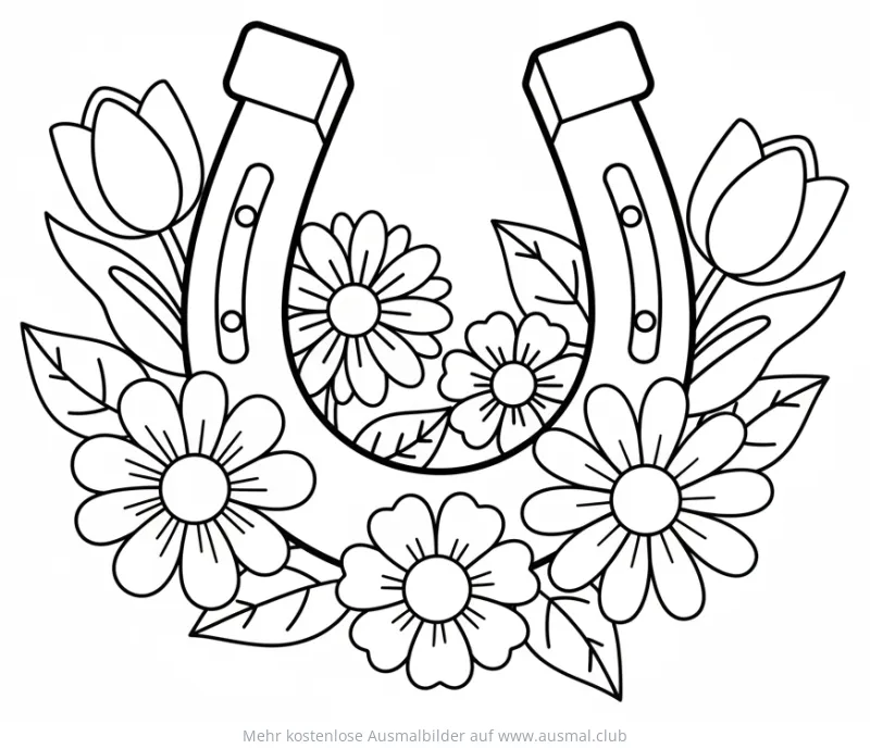 Hufeisen umgeben von Blumen Ausmalbild