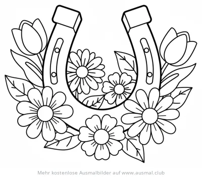 Hufeisen umgeben von Blumen Ausmalbild
