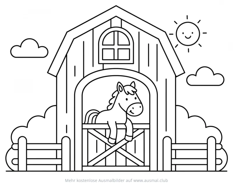 Pferdestall Ausmalbild mit Pferd, Sonne und Wolken