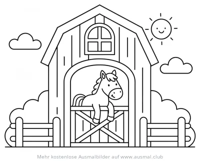 Pferdestall Ausmalbild mit Pferd, Sonne und Wolken