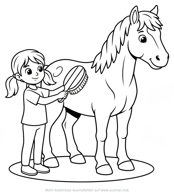 Mädchen putzt ein Pferd Ausmalbild