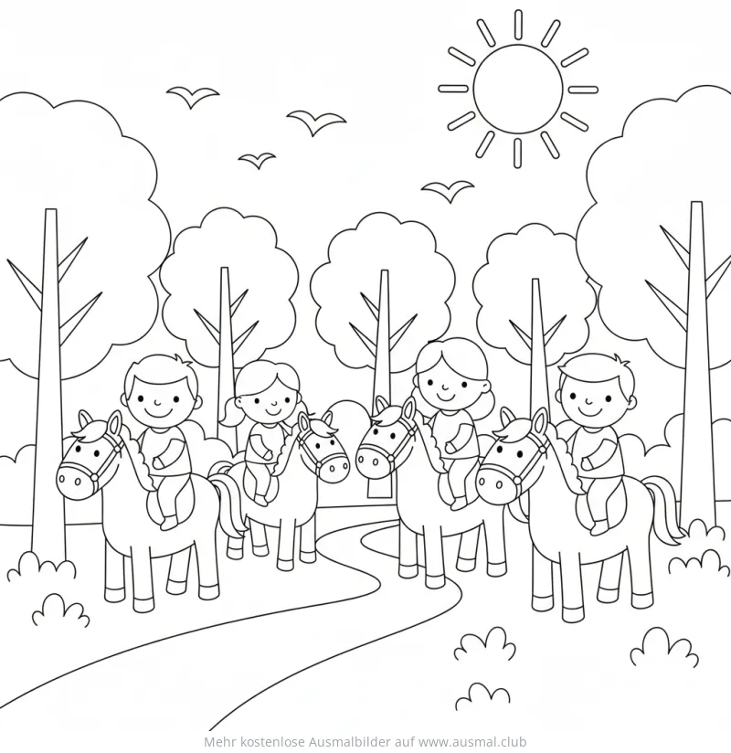 Reitende Familie im Wald Ausmalbild