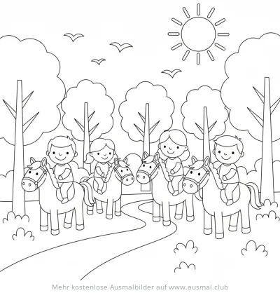 Reitende Familie im Wald Ausmalbild