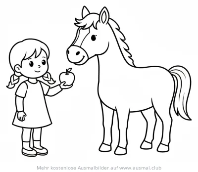 Mädchen gibt Pferd einen Apfel Ausmalbild