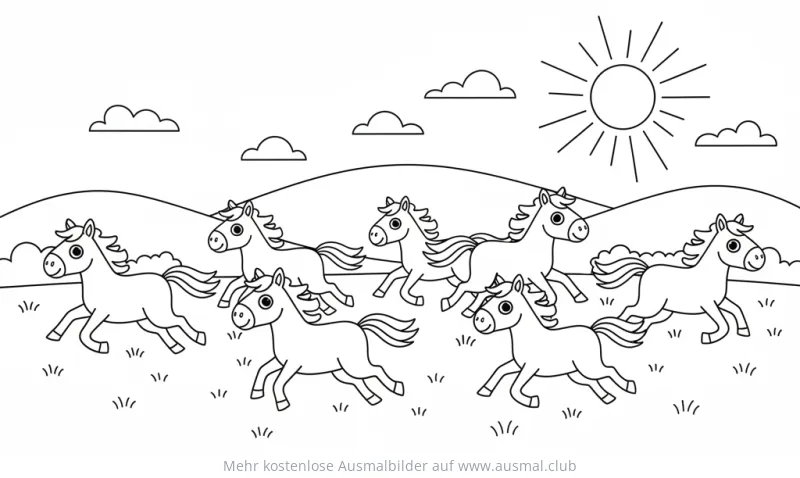 Pferdeherde galoppiert in der Natur Ausmalbild