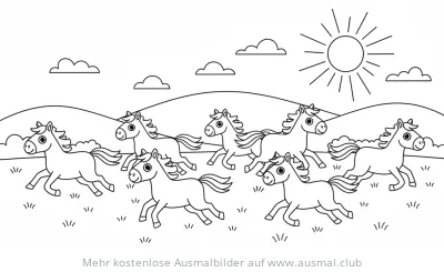 Pferdeherde galoppiert in der Natur Ausmalbild
