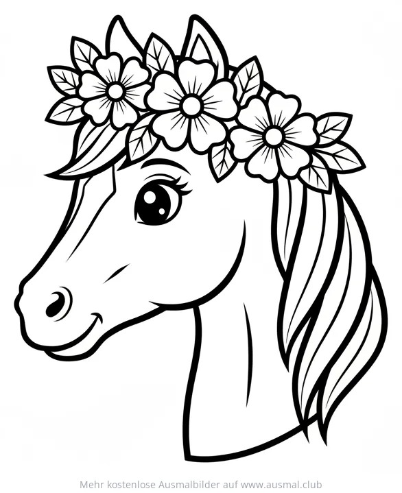 Pferdeportrait mit Blumenkranz Ausmalbild