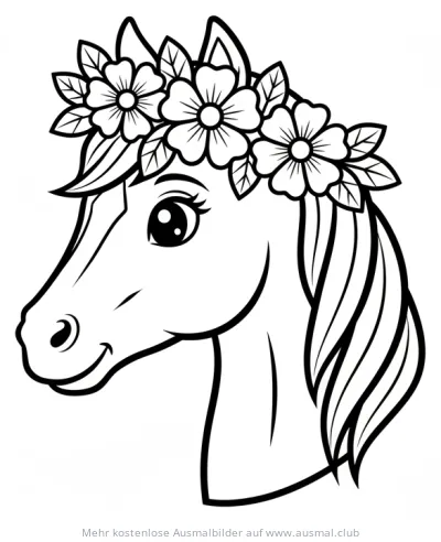 Pferdeportrait mit Blumenkranz Ausmalbild