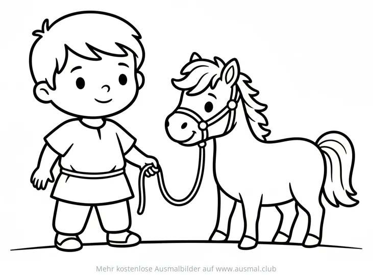 Junge führt Pony am Halfter Ausmalbild