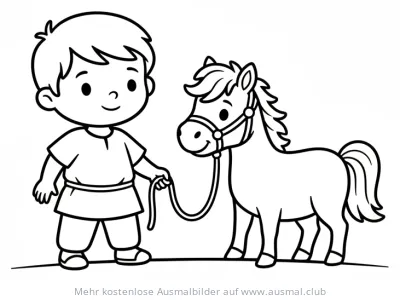 Junge führt Pony am Halfter Ausmalbild