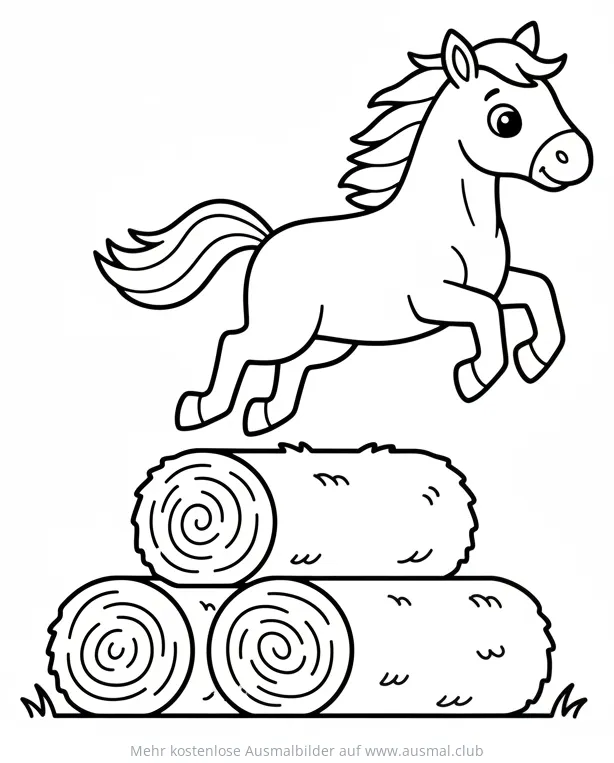 Pferd springt über Heuballen Ausmalbild