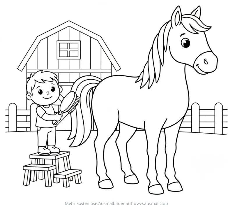 Junge bürstet Pferdeschweif vor Stall Ausmalbild