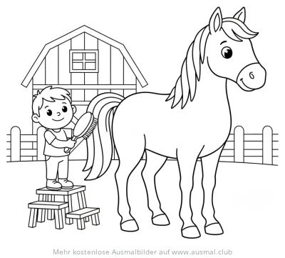 Junge bürstet Pferdeschweif vor Stall Ausmalbild